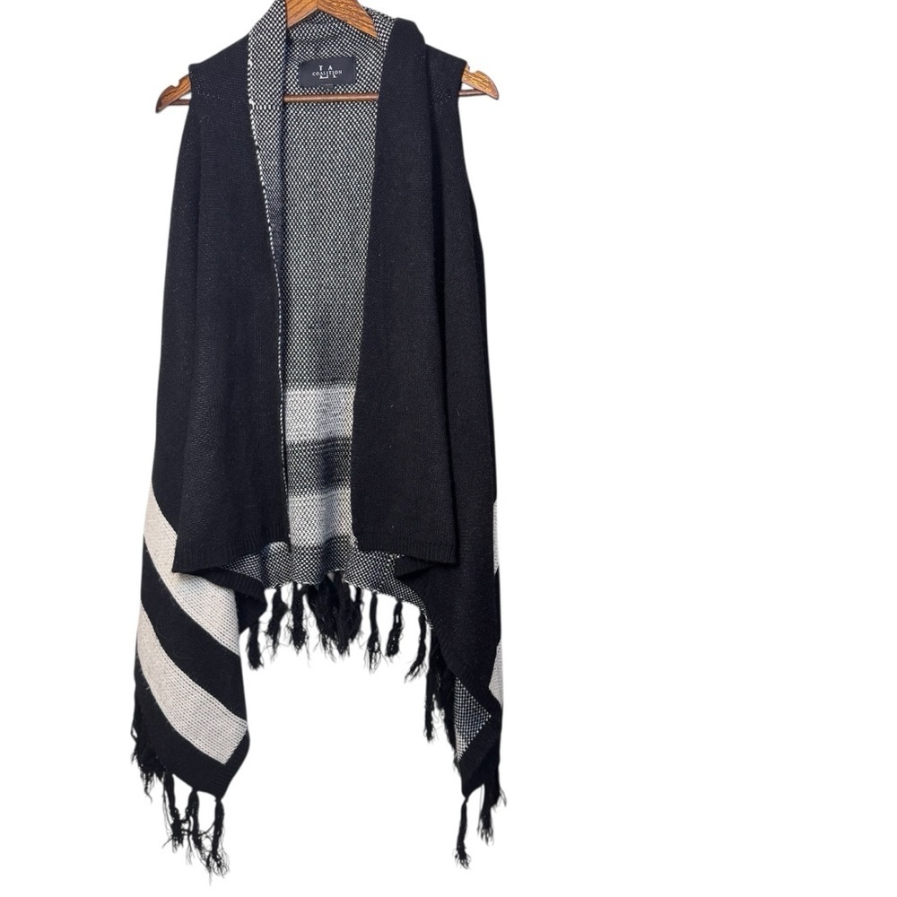 LA Coalition Black and White Striped Fringe Shawl